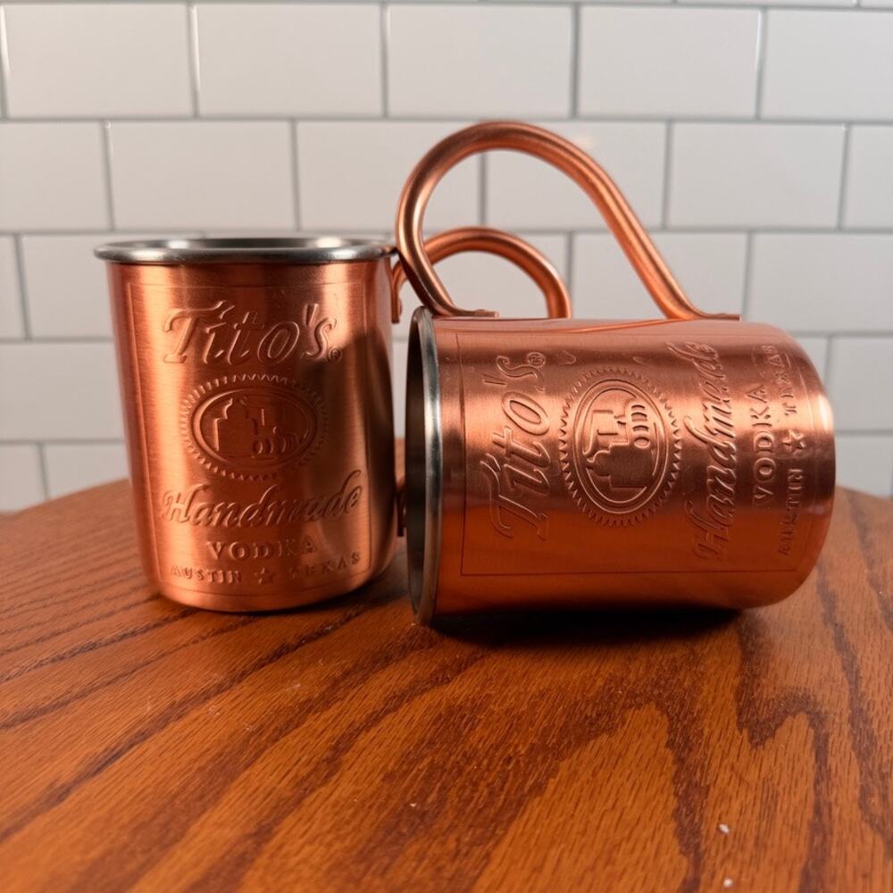 Pair of Tito's Handmade Vodka Copper Moscow Mule Mugs Lined 12oz
